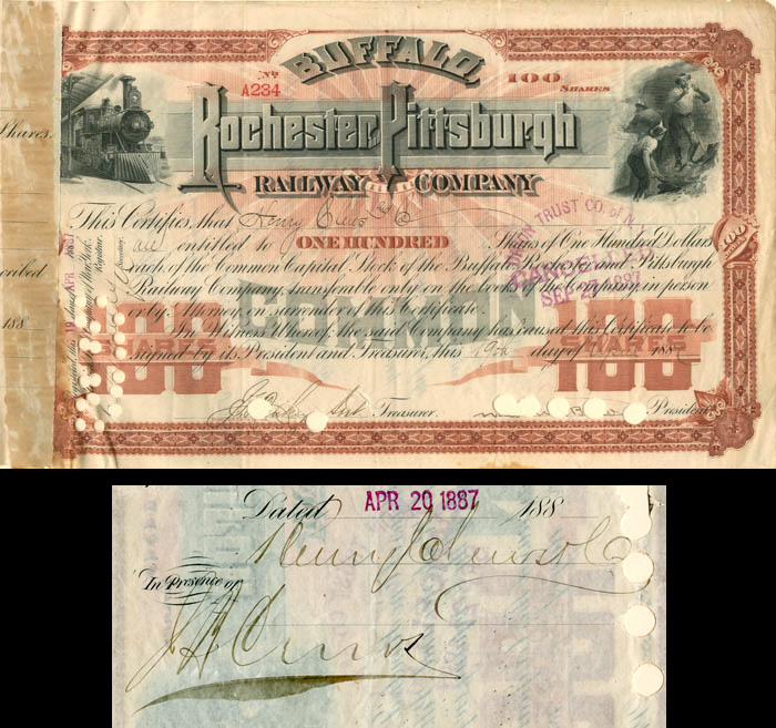 Buffalo, Rochester and Pittsburgh Railway Co. signed by Henry and J.B. Clews